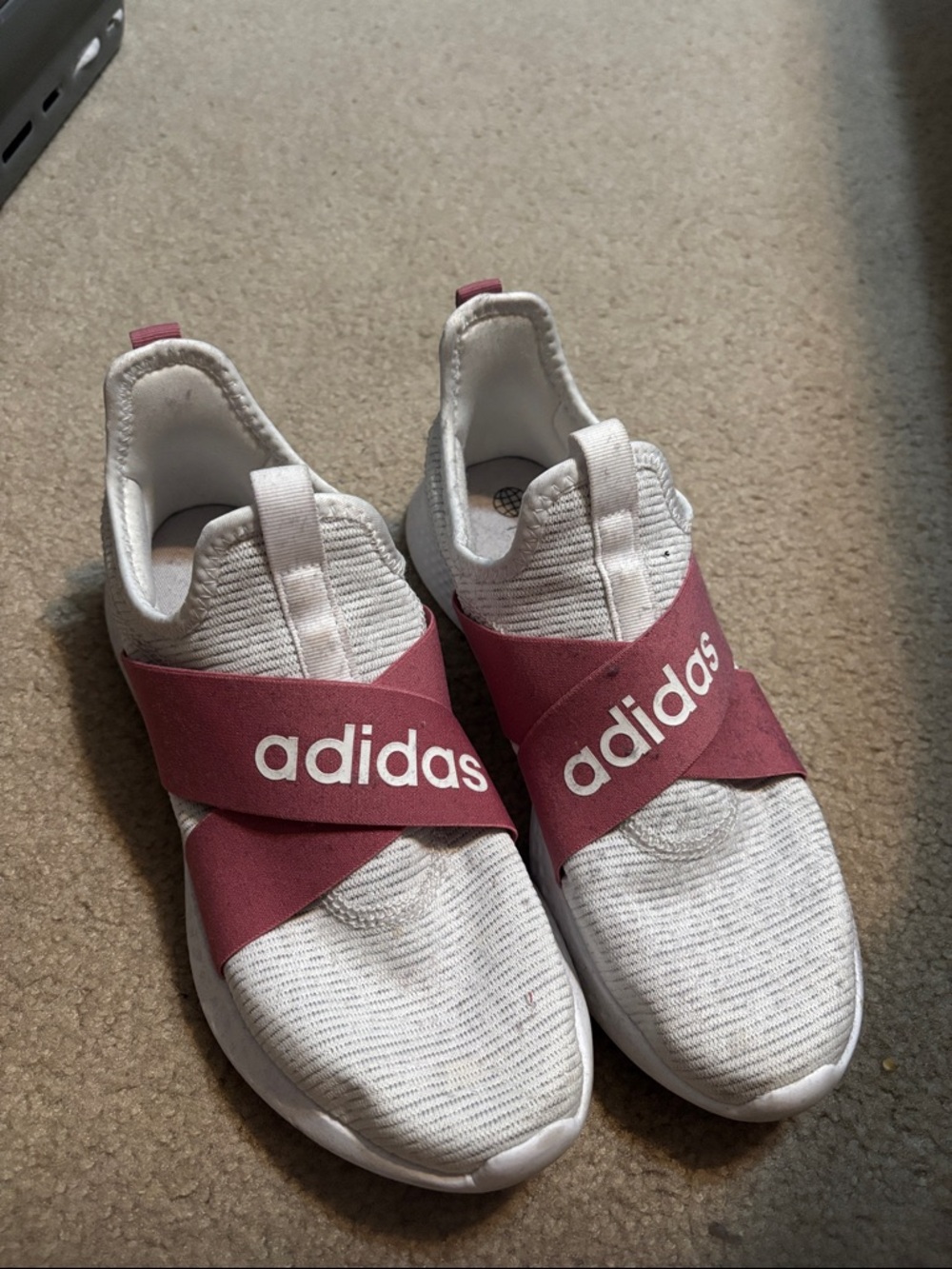 adidas White and Rose Cross-Strap Slip-On Sneakers